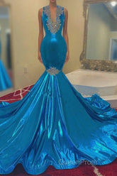 Modern Sequins Appliques V-Neck Sleeveless Long Mermaid Evening Prom Dresses