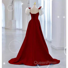 Modest A Line Long Short Sleeves Satin Red Evening Prom Dresses