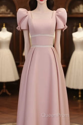 Modest A Line Short Sleeves Long Pink Evening Prom Dresses