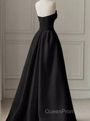 Modest A Line Strapless Long Satin Black Evening Prom Dresses