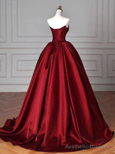 Modest Ball Gown Strapless Burgundy Satin Floor Length Evening Dress Prom Dresses
