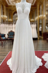 Modest Long A-line Chiffon Jewel Appliques Open Back Wedding Dresses