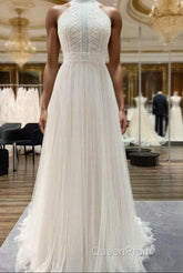 Modest Long A-line Halter Tulle Lace Backless Wedding Dresses