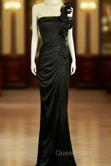 Modest Mermaid One Shoulder Black Satin Long Evening Prom Dresses Party Dresses