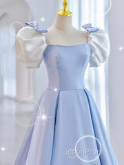 Modest Princess Short Sleeves Long Blue Satin Evening Prom Dresses