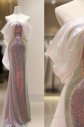 Modest Sheath Off The Shoulder Sequin Long Party Dresses Pink Evening Prom Dresses
