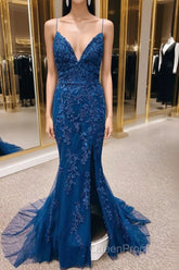 Navy Appliques Lace-Up Back Mermaid Long Evening Prom Dresses With Slit