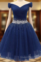 Navy Beaded Sweetheart Off Shoulder Tulle Homecoming Dresses
