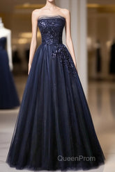 Navy Blue A-Line Tulle With Lace Scoop Long Evening Prom Dresses, Navy Blue Evening Dresses