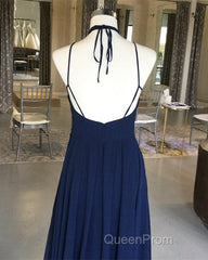 Navy Blue Chiffon Backless Bridesmaid Long Dresses Lace Appliques