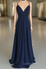 Navy Blue Chiffon Backless Bridesmaid Long Dresses Lace Appliques