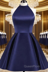 Navy Blue Cute Halter Satin Short Homecoming Dresses, Blue Evening Prom Dresses Party Dresses