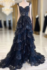 Navy Blue Lace And Tulle Sweetheart Long Formal Dresses, Navy Blue Evening Prom Dresses