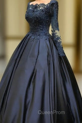 Navy Blue Long Sleeve Evening Prom Dresses Appliques Beaded Ball Gown
