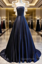 Navy Blue Satin Long Party Dresses, Elegant Dark Blue Formal Dresses Evening Dresses