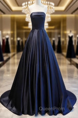 Navy Blue Satin Long Party Dresses, Elegant Dark Blue Formal Dresses Evening Dresses
