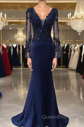Navy Blue Spandex Long Sleeves Mermaid Evening Dresses, Navy Blue Evening Prom Dresses