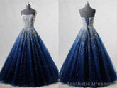 Navy Blue Strapless Floor Length Prom Ball Gown with Beading Sequins, Prom Dresses,Formal Dresses
