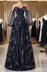 Navy Blue Tulle A-Line Long Party Dresses Evening Dresses, Navy Blue Long Evening Prom Dresses