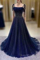 Navy Blue Tulle Beaded Long Evening Prom Dresses Evening Dresses