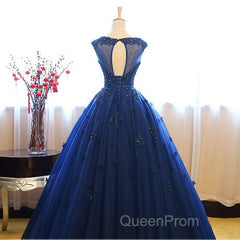 Navy Blue Tulle Cap Sleeves Quinceanera Dresses, Blue Beaded Ball Gown Party Dresses