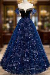 Navy Blue Tulle Off Shoulder Beaded Long Party Dresses, Navy Blue Tulle Evening Prom Dresses
