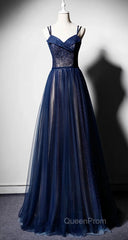 Navy Blue Tulle V Neck Long Women Evening Prom Dresses, Lace Up Evening Dresses