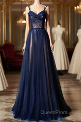 Navy Blue Tulle V Neck Long Women Evening Prom Dresses, Lace Up Evening Dresses