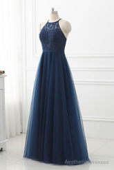 Navy Blue Tulle with Lace Applique Long Party Dress, Blue Prom Dress