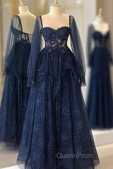 Navy Blue Tulle With Lace Long Sleeves Evening Prom Dresses, Navy Blue Party Dresses