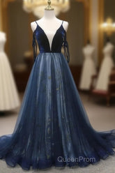Navy Blue Velvet And Tulle Long Evening Prom Dresses Party Dresses, Navy Blue Evening Dresses