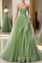 New Arrival A-Line Tulle Lace Green Long Evening Prom Dresses, Green Lace Long Formal Dresses