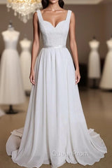 Noble A-Line Shoulder Strap With Chiffon Patch Flower Dew Back And Ground Length Wedding Dresses