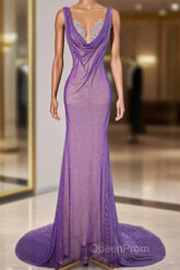 Noble Purple Mermaid Gown - Glitter Rhinestone Tulle Evening Prom Dresses For Special Ocassions
