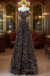 Off Shoulder A-Line Coffee Gold Sequin Long Evening Prom Dresses, Coffee Gold Evening Dresses