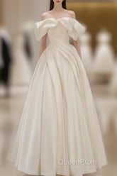 Off Shoulder A-Line Satin Beige Long Evening Prom Dresses, Beige Long Formal Dresses