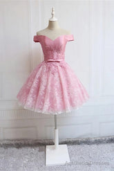 Off the Shoulder Short Pink Lace Prom Dresses, Short Pink Lace Graduation Homecoming Dresses