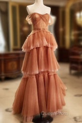 Off The Shoulder Tulle Tiered Long Evening Prom Dresses, A Line Evening Gown