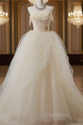 Off-White A-Line Straps Tulle Long Evening Prom Dresses Simple Applique Wedding Dresses