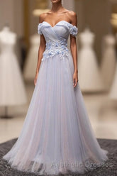 Light Blue Tulle Lace Long Evening Prom Dresses, Lace Evening Prom Dresses