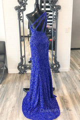 One Shouder Royal Blue Evening Prom Dresses Long Sequin Evening Dresses