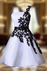 One Shoulder Black Lace Cute Short Homecoming/Evening Prom Dresses