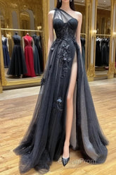One Shoulder Black Lace Evening Prom Dresses, One Shoulder Black Lace Formal Evening Dresses