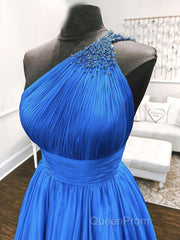 One Shoulder Blue Backless Long Evening Prom Dresses, Open Back Blue Long Formal Evening Dresses