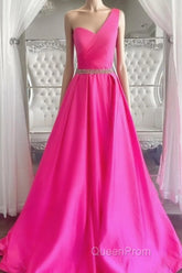 One Shoulder Hot Pink Evening Prom Dresses, Hot Pink One Shoulder Formal Evening Dresses