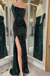 One Shoulder Long Emerald Green Evening Prom Dresses Mermaid Sequin