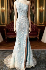 One Shoulder Mermaid Split Lace Evening Prom Dresses