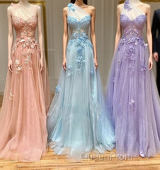 One Shoulder Pink/Blue/Purple Lace Floral Long Evening Prom Dresses