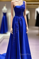 One Shoulder Satin Floor Length Evening Prom Dresses Appliques