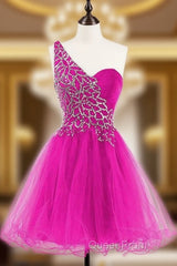 One Shoulder Tulle Homecoming Dresses Short Evening Prom Dresses With Beading